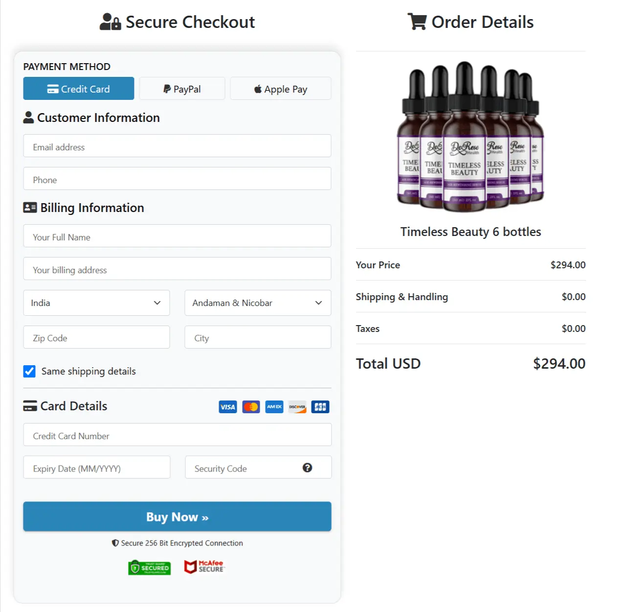 Timeless Beauty Serum checkout page